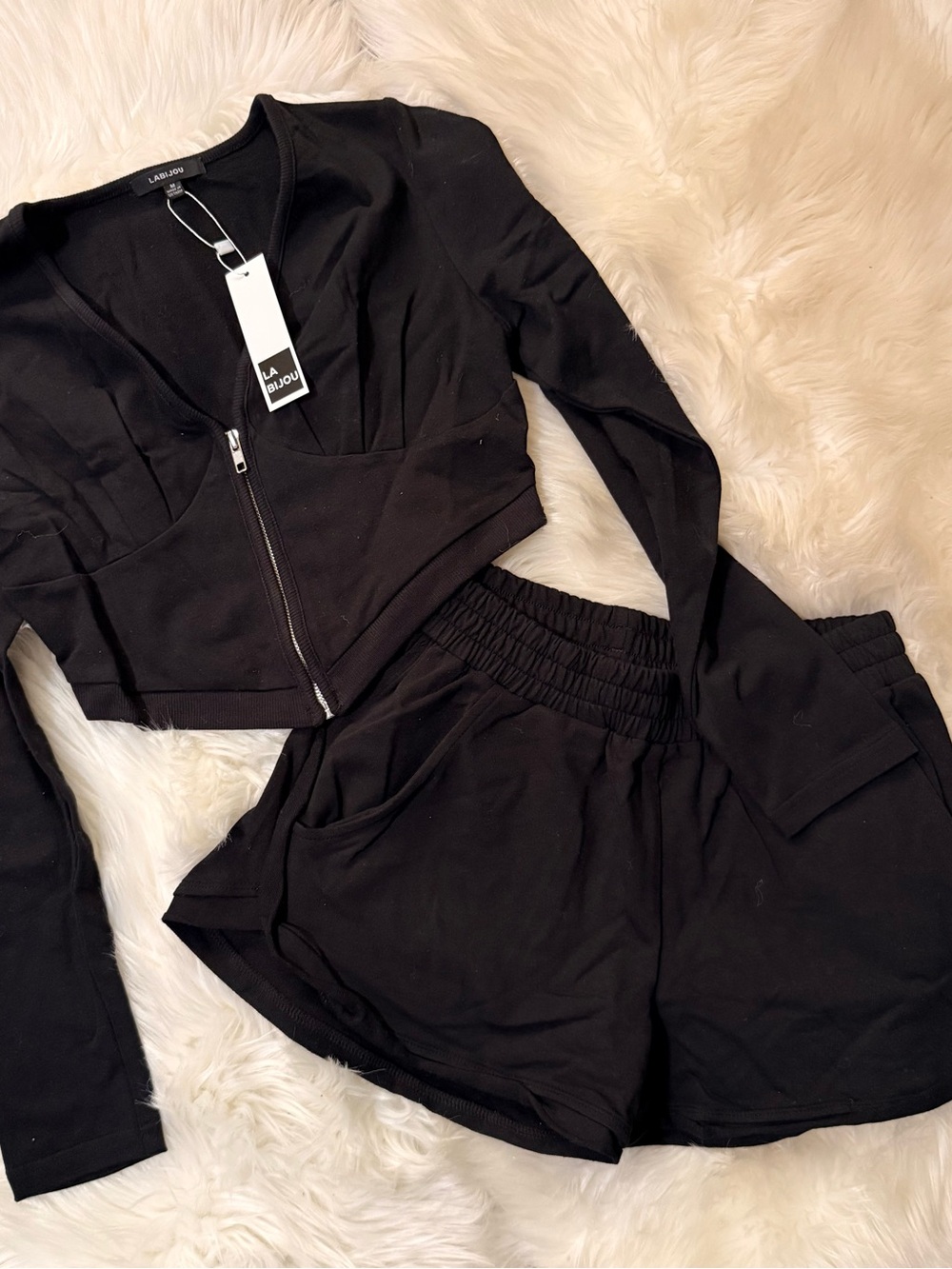 Black Zip-Front Crop Top & Elastic-Waist Shorts Set